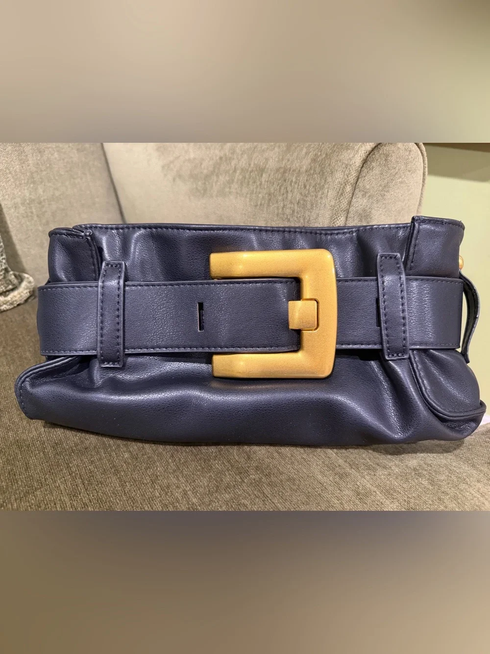 Leather Belt-Style Clutch Bag in Black with Gold Buckle